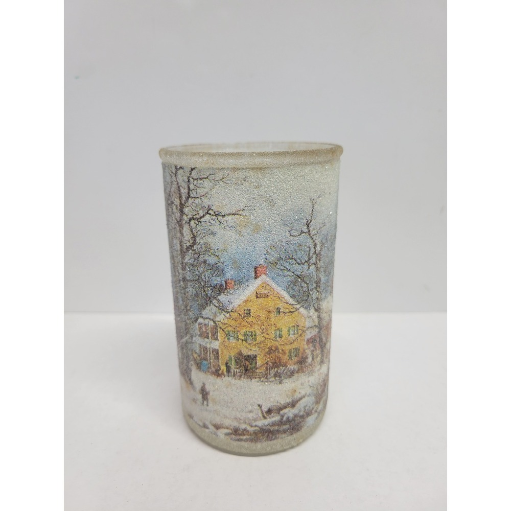 Vintage Style Frosted Glass Winter Village Scene Candle Jar Blue White Yellow